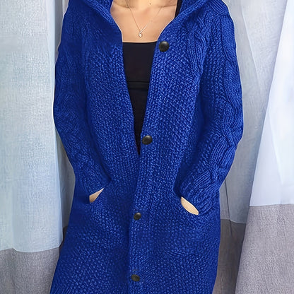 Solid Button Front Hooded Cardigan, Casual Long Sleeve Sweater For Fall & Winter, Women's Clothing