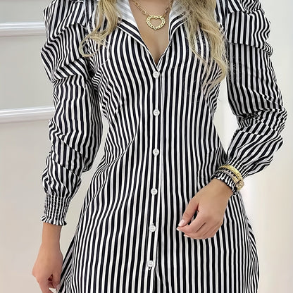 gbolsos  Striped Print Mini Dress, Casual Button Front Puff Long Sleeve Dress, Women's Clothing