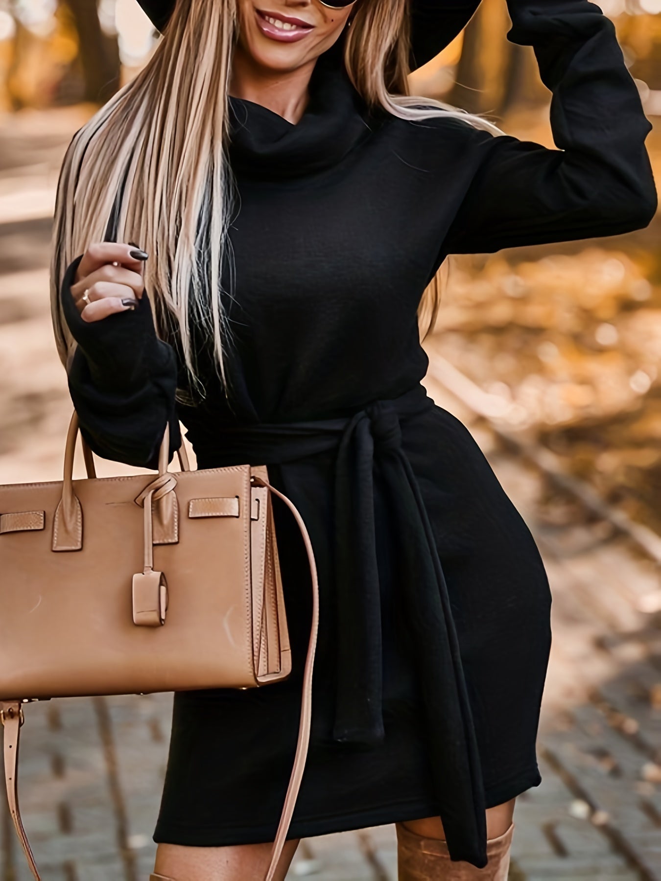 Turtleneck Solid Dress, Casual Long Sleeve Drop Shoulder Dress, Women's Clothing