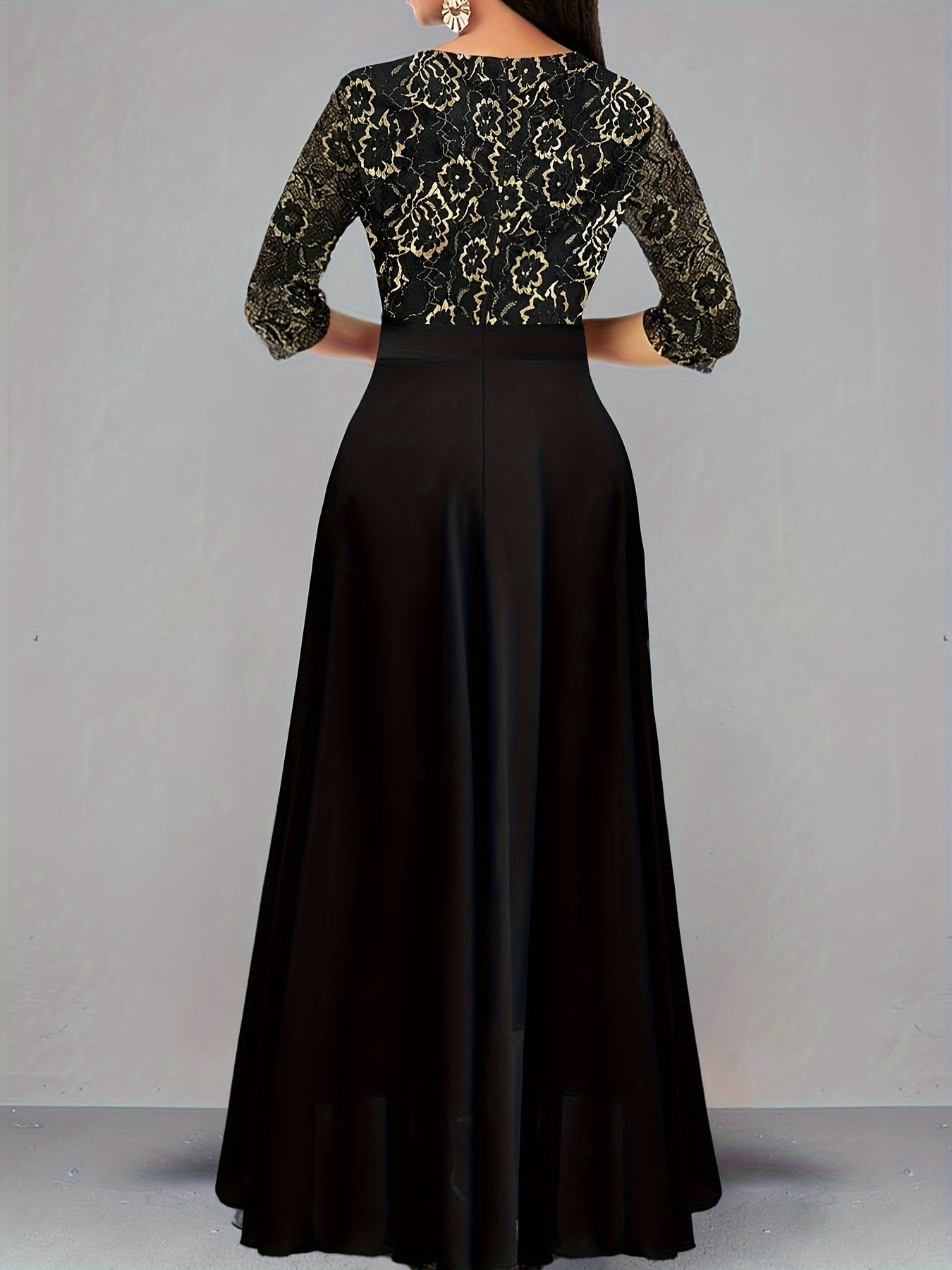 gbolsos Plus Size Elegant Dress, Women's Plus Floral Print Three Quarter Sleeve Contrast Lace Trim V Neck Wrap Split Hem Maxi Dress