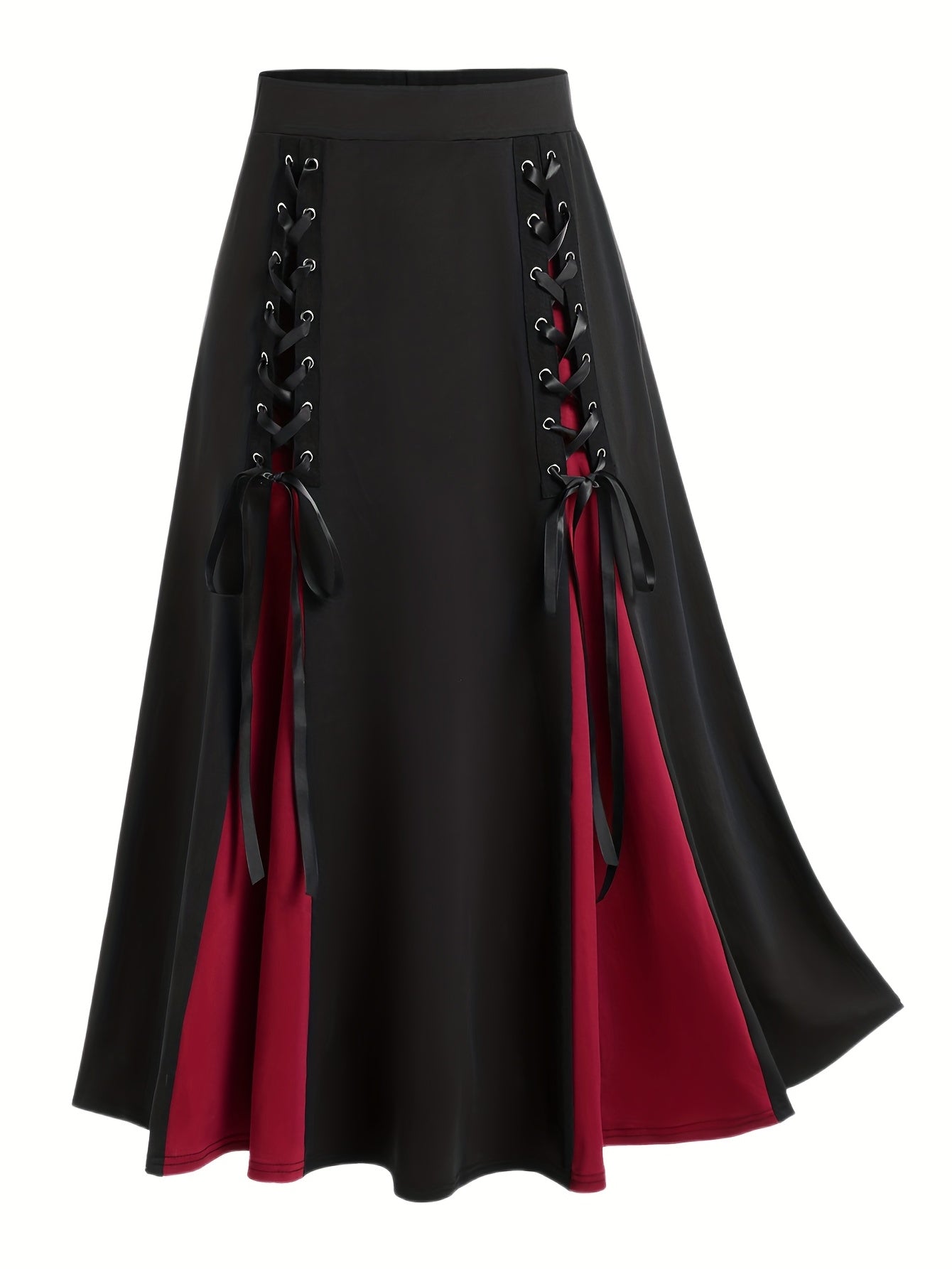 gbolsos  Plus Size Goth Skirt, Women's Plus Colorblock Grommet Lace Up Medium Stretch A-line Skirt