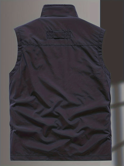 Men's Casual Plain Color Vest With Zip Up Pockets Men's Clothes Outerwear Sleeveless Jacket