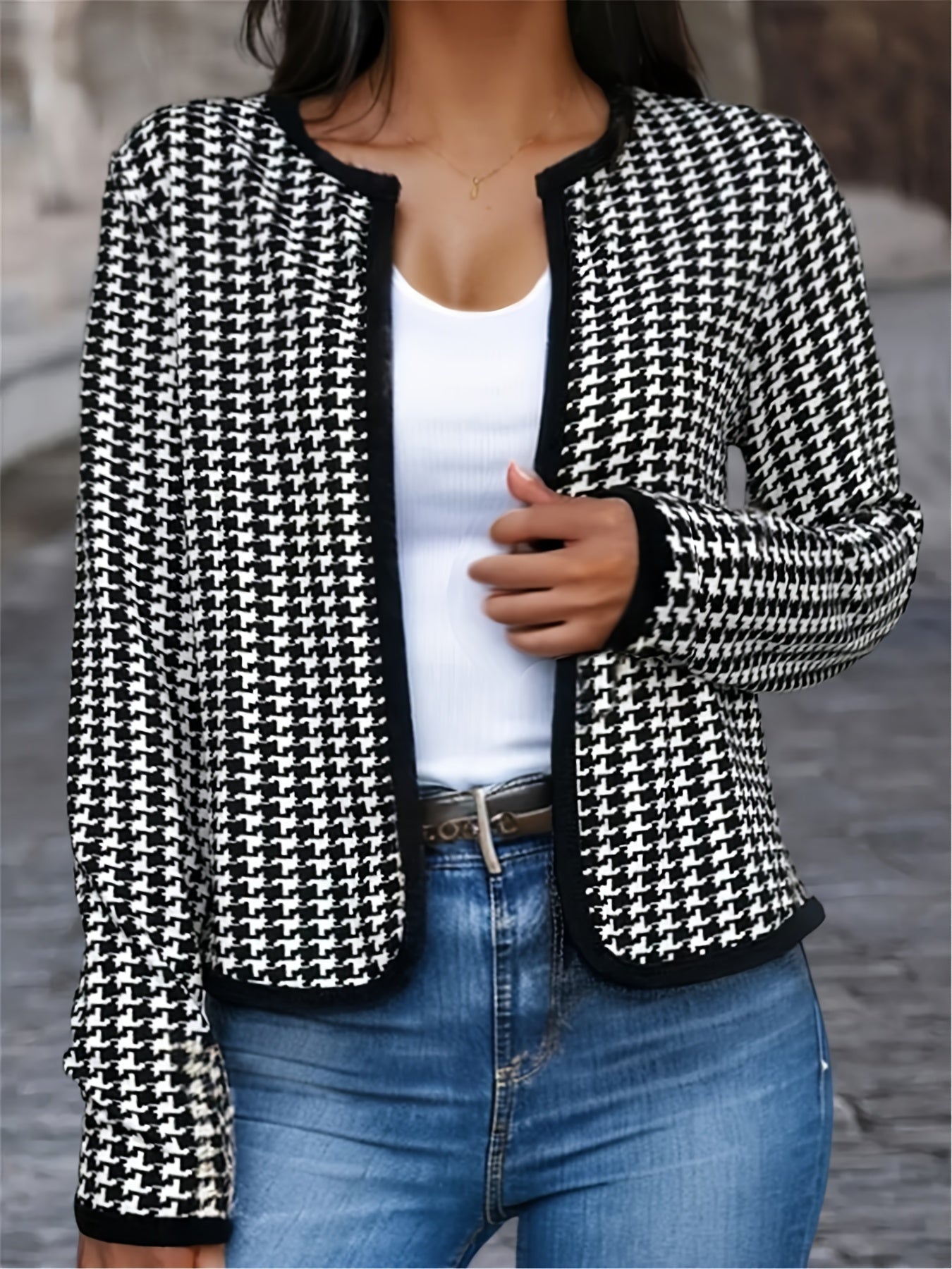 gbolsos Houndstooth Print Jacket, Casual Open Front Crew Neck Long Sleeve Outerwear, Women's Clothing