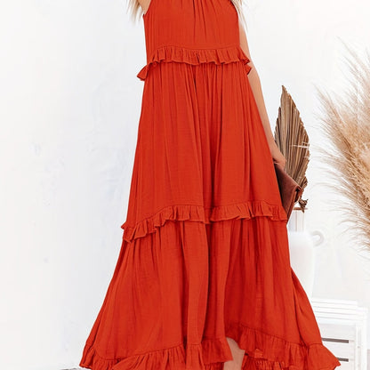 gbolsos  Tiered Ankle Tank Dress, Casual Backless Halter Neck Dress For Summer, Women's Clothing