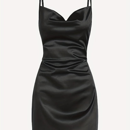 Solid Cowl Neck Spaghetti Dress, Sexy Tie Back Bodycon Cami Dress For Summer, Women's Clothing