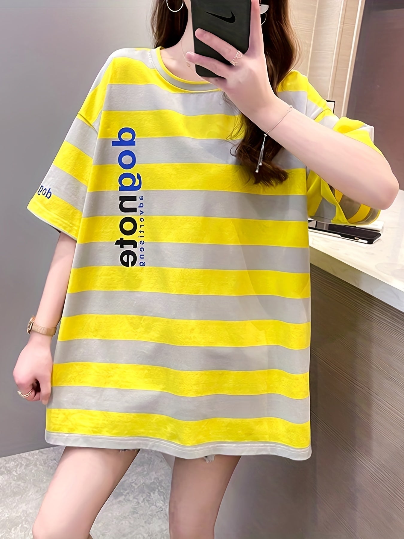 gbolsos  Letter & Stripe Print Crew Neck T-Shirt, Casual Drop Shoulder Top For Spring & Summer, Women's Clothing