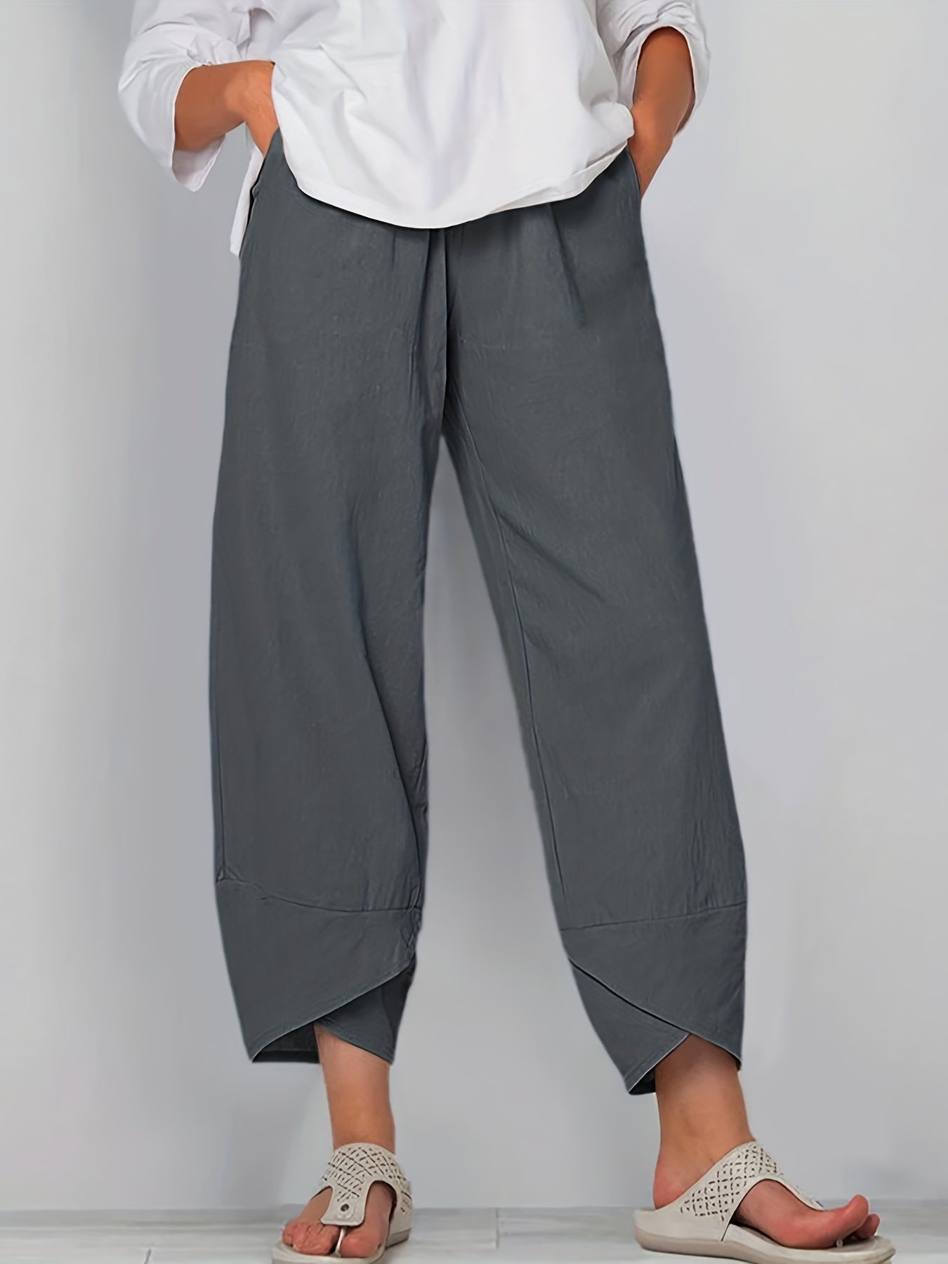 gbolsos  Loose Pocket Pants, Casual Elastic Waist Solid Fashion Comfy Spring & Summer Pants, Women's Clothing