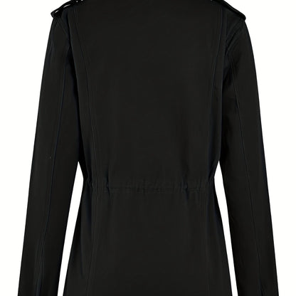 gbolsos  Solid Stand Collar Long Sleeve Pockets Jacket, Winter Warm Zipper Button Casual Outerwear, Women's Clothing