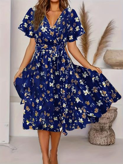 gbolsos  Floral Print V Neck Dress, Elegant Knot Pleated Short Sleeve Dress, Women's Clothing