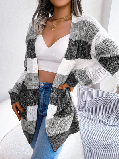 gbolsos  Striped Knit Open Cardigan, Long Sleeve Open Front Sweater, Casual Tops For Fall & Winter, Women's Clothing