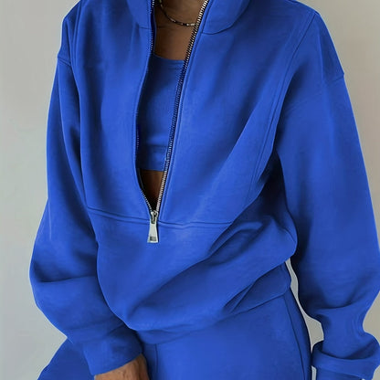 Casual Matching Two-piece Set, Zip Up Sweatshirt  & Solid Sweatpants Outfits, Women's Clothing