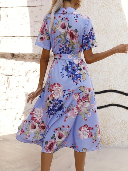 gbolsos  Floral Print Shirt Dress, Boho Button Front Short Sleeve Dress, Women's Clothing