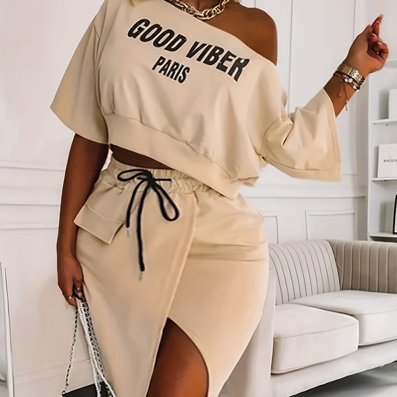 2025 elveswallet  Plus Size Casual Outfits Two Piece Set, Women's Plus Letter Print One Shoulder Short Sleeve Top & Drawstring Split Hem Knee Length Skirt Outfits 2 Piece Set