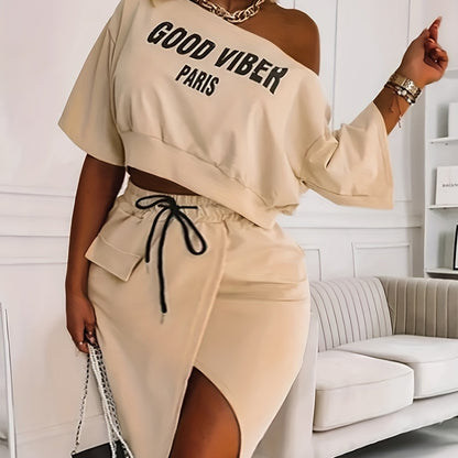 2025 elveswallet  Plus Size Casual Outfits Two Piece Set, Women's Plus Letter Print One Shoulder Short Sleeve Top & Drawstring Split Hem Knee Length Skirt Outfits 2 Piece Set