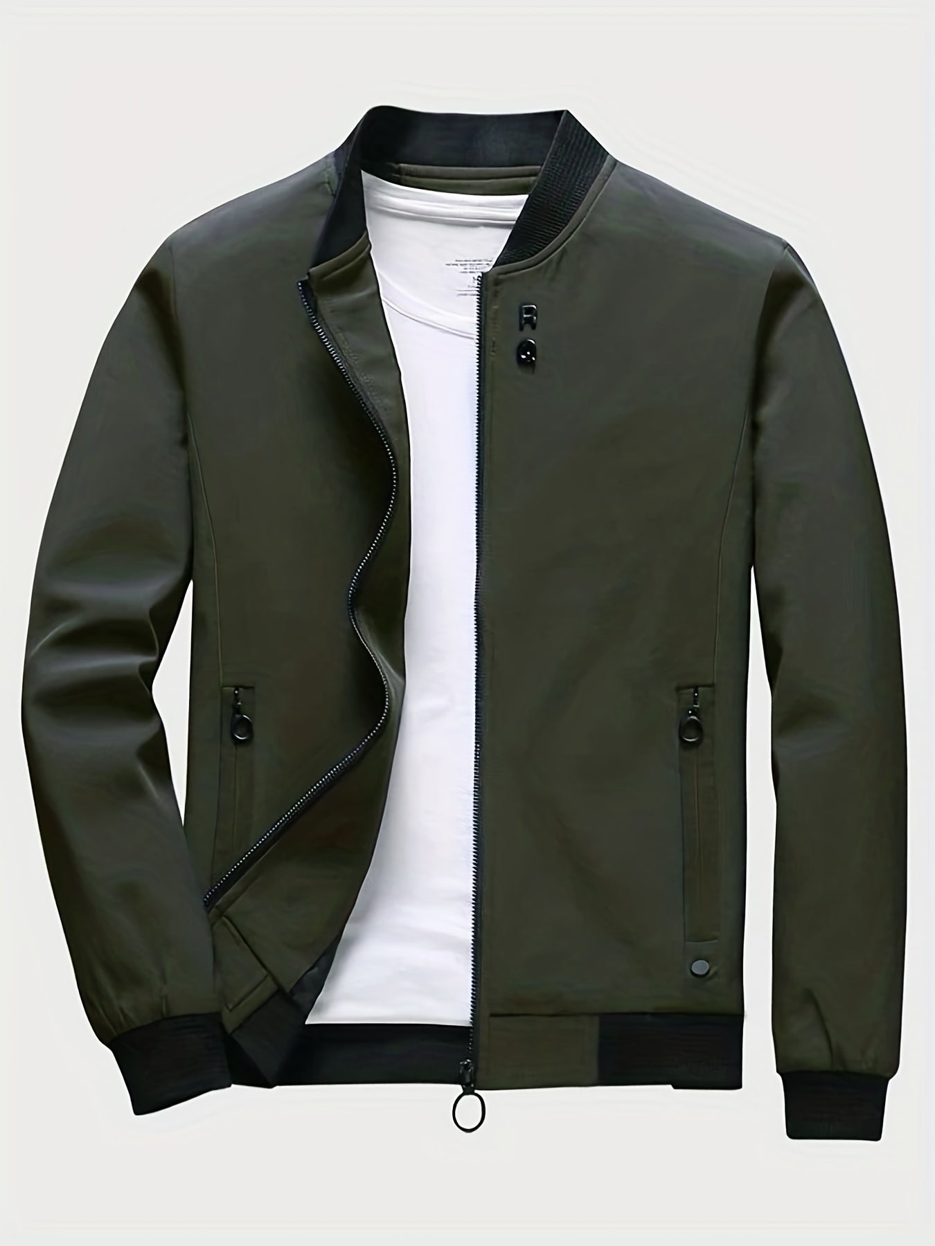 gbolsos  Classic Design Jacket, Men's Casual Zipper Pockets Crew Neck Zip Up Jacket For Spring Fall