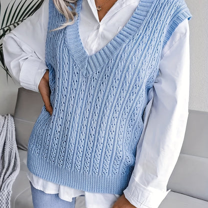 gbolsos   Plus Size Casual Sweater Vest, Women's Plus Solid V Neck High Stretch Knitted Sweater Vest