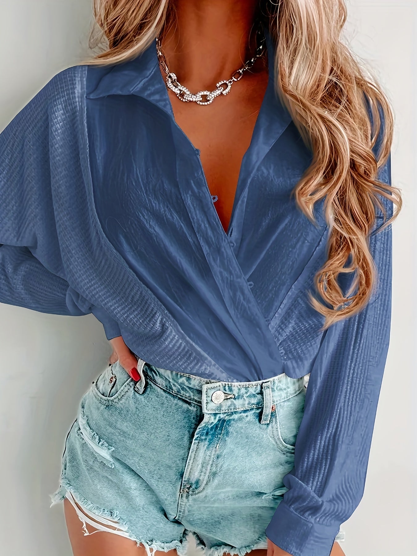 2025 gbolsos  Waffle Stitching Lapel Button Shirt, Casual Long Sleeve Shirt For Spring & Fall, Women's Clothing