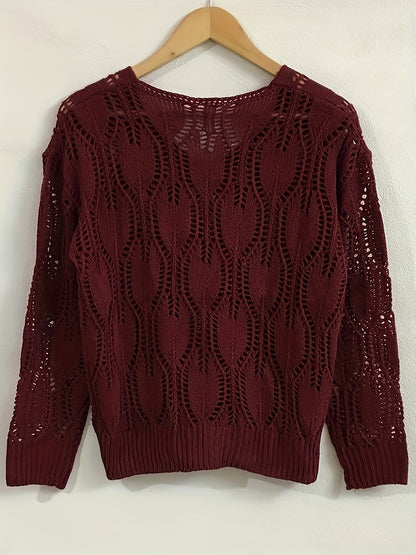 Cut Out V Neck Sweater, Casual Long Sleeve Sweater For Fall & Winter, Women's Clothing