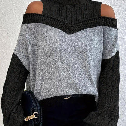 gbolsos  Color Block Cold Shoulder Sweater, Elegant Turtleneck Lantern Sleeve Sweater, Women's Clothing