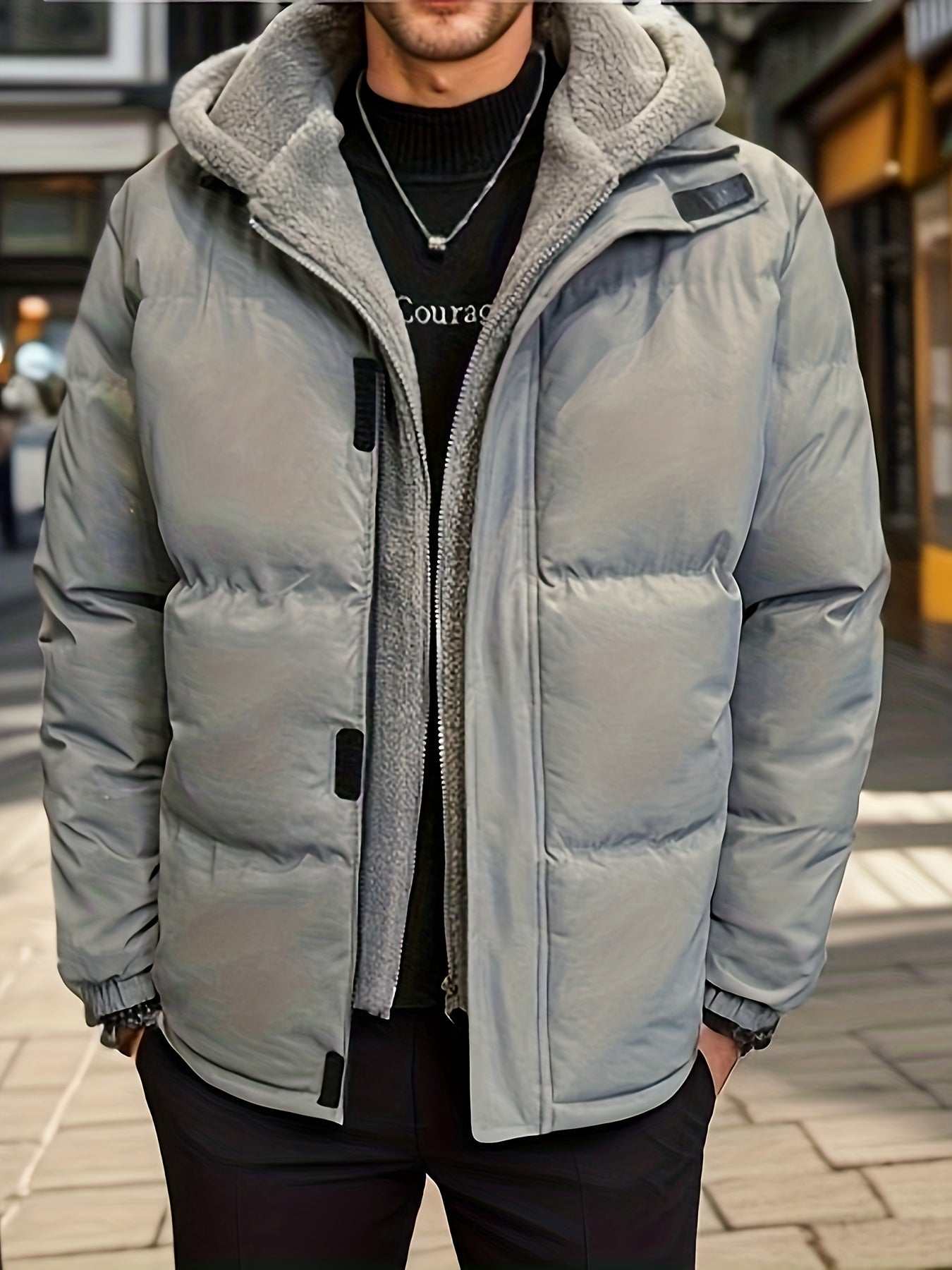 gbolsos  Warm Fleece Hooded Jacket, Men's Casual Zip Up Cotton Padded Jacket For Fall Winter Outdoor