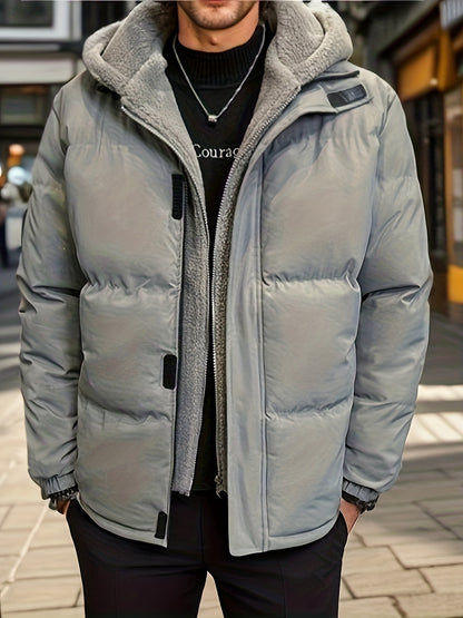 gbolsos  Warm Fleece Hooded Jacket, Men's Casual Zip Up Cotton Padded Jacket For Fall Winter Outdoor