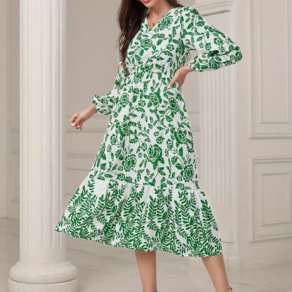 gbolsos  Floral & Leaves Print V-neck Dress, Elegant Elastic Waist Long Sleeve Dress For Spring & Fall, Women's Clothing