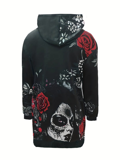 gbolsos  Skull & Flower Print Dress, Gothic Hooded Long Sleeve Mini Dress With Pockets, Women's Clothing