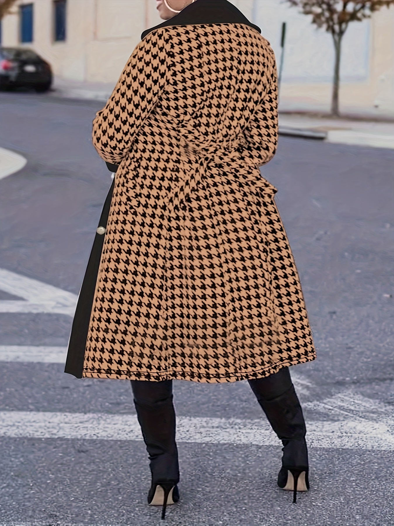 solvbao  Plus Size Casual Coat, Women's Plus Colorblock Houndstooth Print Double Button Long Sleeve Lapel Collar Belted Overcoat