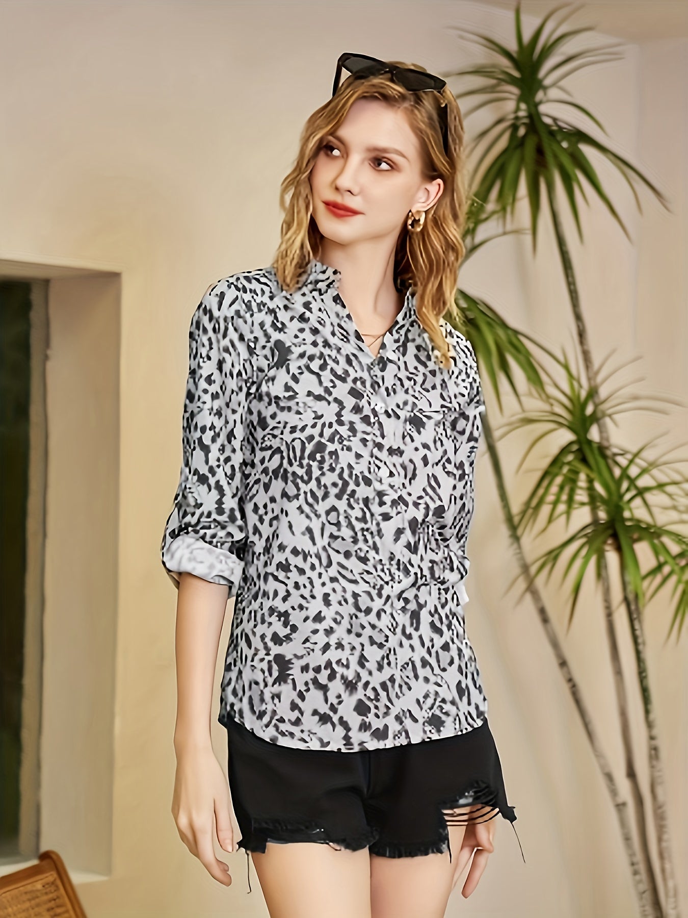gbolsos  Leopard Print V-neck Loose Blouses, Casual Button Down Long Sleeve Fashion Shirts Tops, Women's Clothing