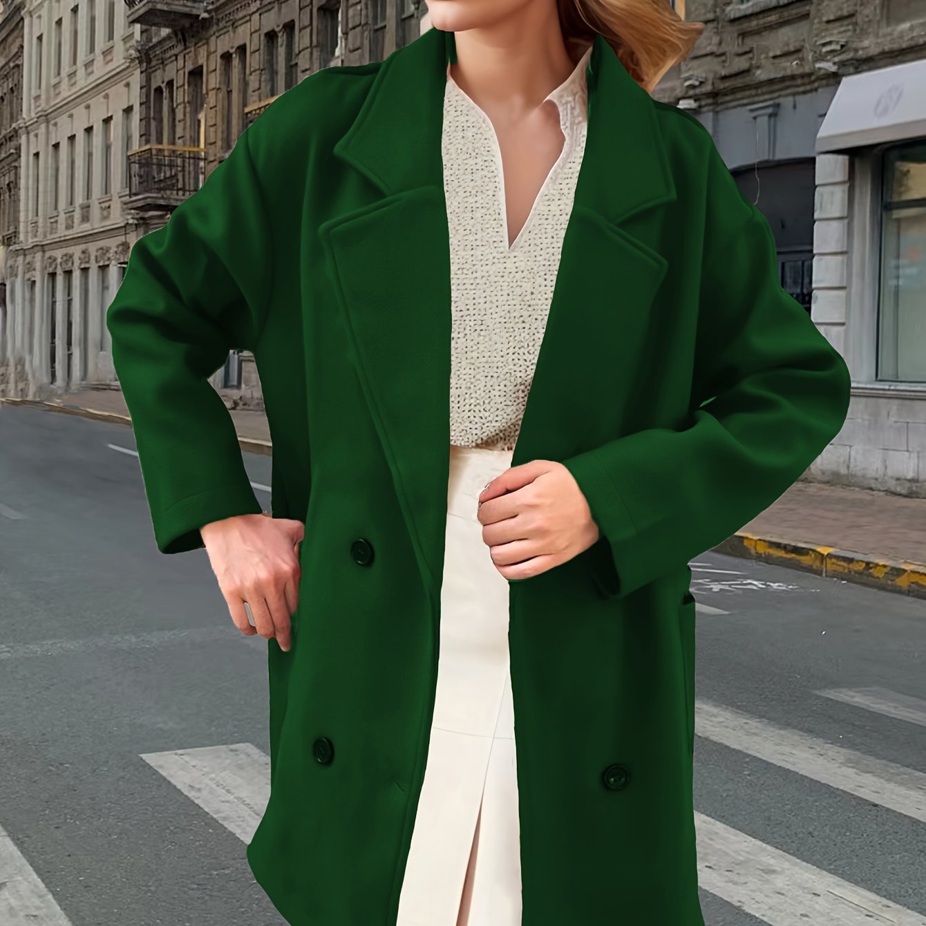 Solid Dual Breasted Notch Collar Overcoat, Casual Long Sleeve Coat For Fall & Winter, Women's Clothing