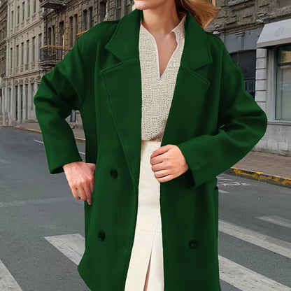 Solid Dual Breasted Notch Collar Overcoat, Casual Long Sleeve Coat For Fall & Winter, Women's Clothing