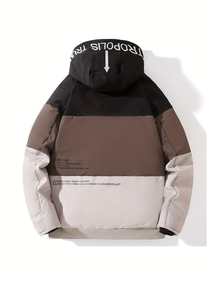 gbolsos  Warm Lightweight Puffer Color Block Hooded Jackets, Men's Casual Classic Design Outwears For Fall Winter