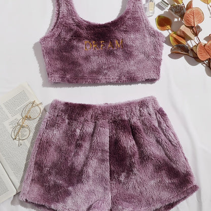 Fluffy Comfortable Pajamas Set, Crop Tank Sleeveless Top & Comfortable Shorts Loungewear Set For Valentine's Gifts, Women's Loungewear & Sleepwear