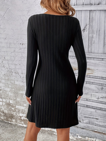 gbolsos  Solid Ribbed Dress, Casual Button Front V Neck Long Sleeve Dress, Women's Clothing