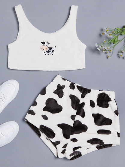 Fluffy Comfortable Pajamas Set, Crop Tank Sleeveless Top & Comfortable Shorts Loungewear Set For Valentine's Gifts, Women's Loungewear & Sleepwear