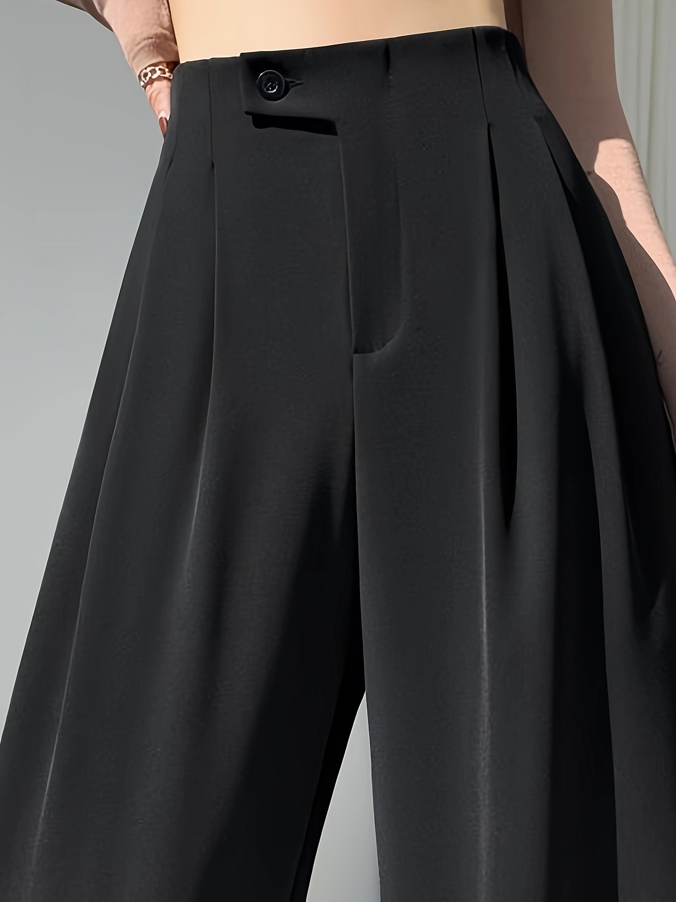 gbolsos Solid High Waist Pants, Casual Wide Leg Button Pants, Women's Clothing