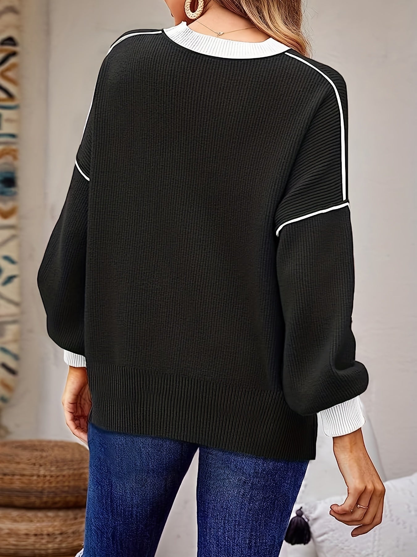 2025 gbolsos  Top Stitching Crew Neck Sweater, Vintage Long Sleeve Sweater For Fall & Winter, Women's Clothing