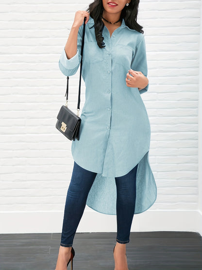 gbolsos  Solid Long Sleeve Button Down Lapel Irregular Hem Shirt, Elegant Pockets Stylish Comfy Shirt, Women's Clothing