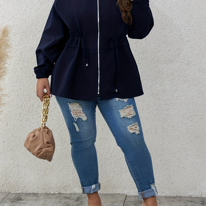 Plus Size Casual Coat, Women's Plus Solid Lettuce Trim Long Sleeve Drawstring Zipper Coat