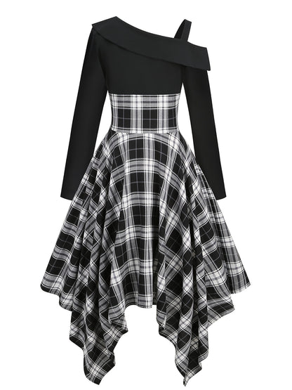 gbolsos  Plaid Asymmetrical Hem Dress, Vintage Cold Shoulder Long Sleeve Dress, Women's Clothing