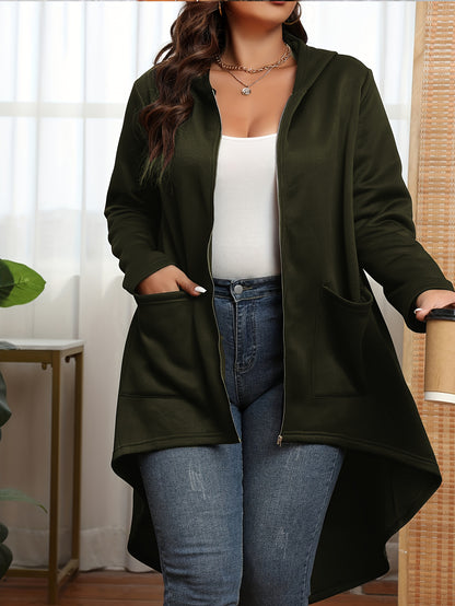 Plus Size Casual Coat, Women's Plus Solid Zip Up Long Sleeve Asymmetrical Hem Hooded Tunic Coat With Pockets