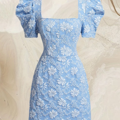 Solid Color Puff Sleeve Dress, Elegant Square Neck Dress For Spring & Summer, Women's Clothing