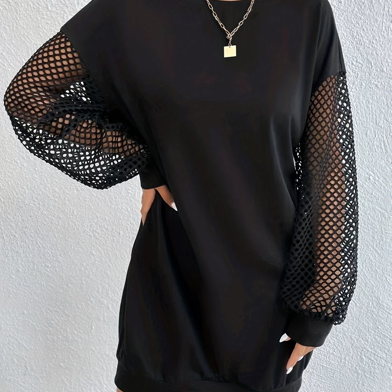 gbolsos  Contrast Mesh Solid Dress, Elegant Crew Neck Long Sleeve Dress, Women's Clothing
