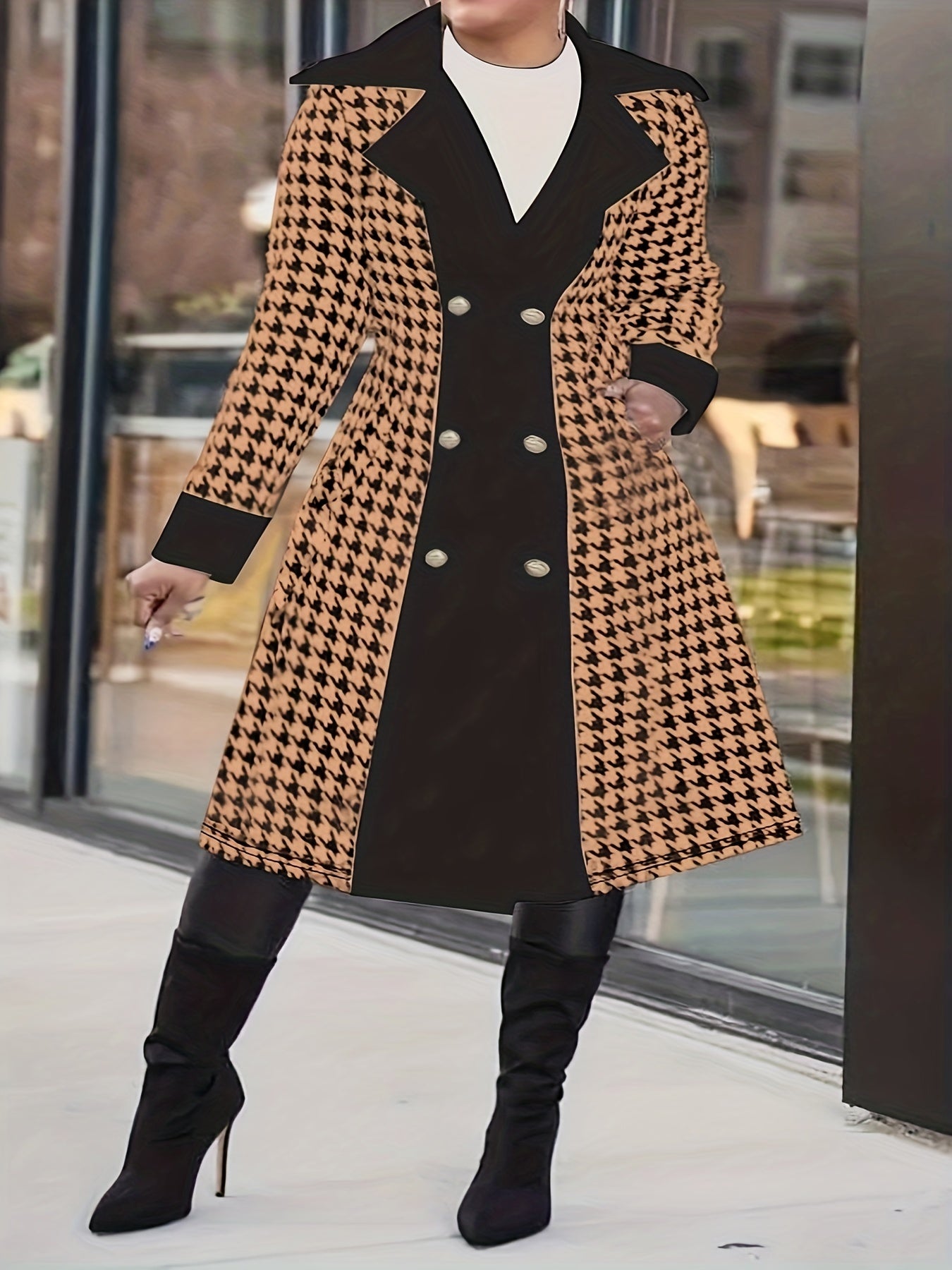 solvbao  Plus Size Casual Coat, Women's Plus Colorblock Houndstooth Print Double Button Long Sleeve Lapel Collar Belted Overcoat