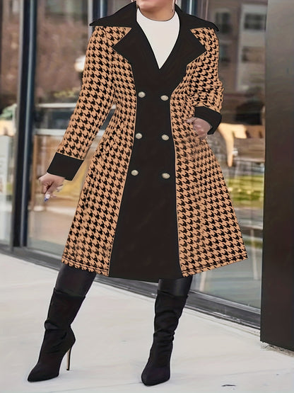 solvbao  Plus Size Casual Coat, Women's Plus Colorblock Houndstooth Print Double Button Long Sleeve Lapel Collar Belted Overcoat