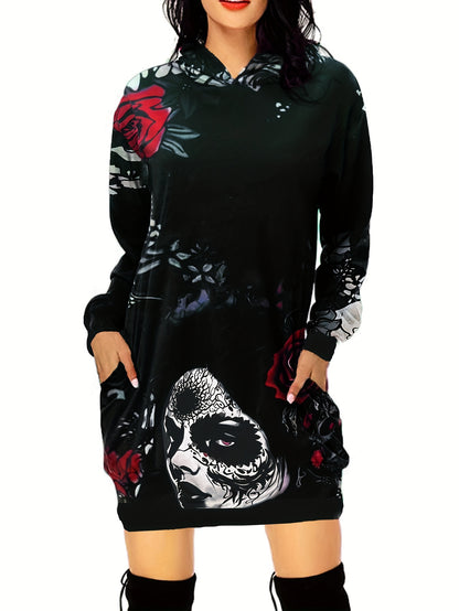 gbolsos  Skull & Flower Print Dress, Gothic Hooded Long Sleeve Mini Dress With Pockets, Women's Clothing