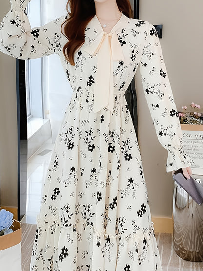gbolsos  Floral Print High Waist Dress, Elegant Long Sleeve Ruched Maxi Dress, Women's Clothing