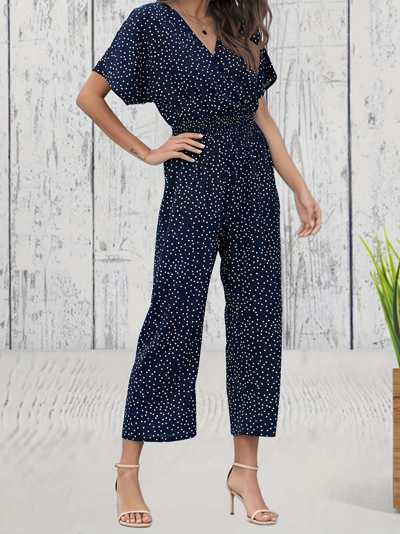 gbolsos  Pin Dot Print Cropped Jumpsuit, Casual V Neck Short Sleeve Wide Leg Jumpsuit, Women's Clothing
