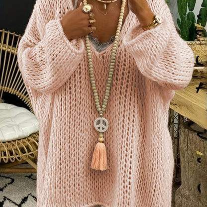 gbolsos   Plus Size Casual Sweater, Women's Plus Solid Long Sleeve V Neck Oversized Jumper