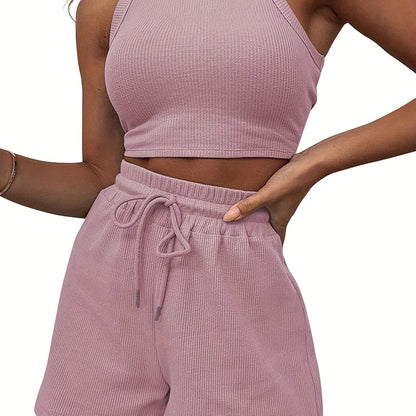gbolsos  2pcs  Waffle Casual Sports Sets, Solid Crew Neck Sports Crop Tank Top & Drawstring Shorts,  Women's Athleisure